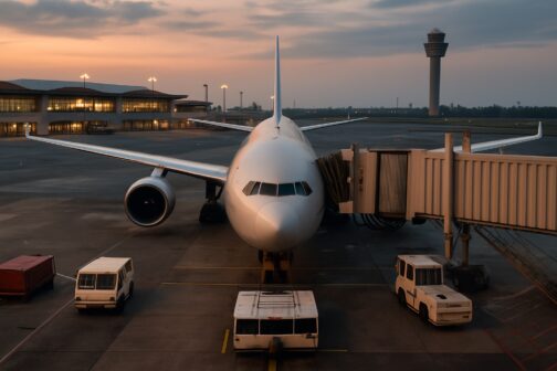 Modernes Großraumflugzeug am Gate eines internationalen Flughafens in der Abenddämmerung (Symbolbild)